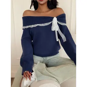 Women's off Shoulder Lace Bow Long Sleeve Pullover Sweater, Cute Knit Top for Fall & Winter, Casual Fashion Ladies, Women Outfit, Autumn Knitwear, Basic, Trendy, Versatile, Comfort, Wear, Style, Essential