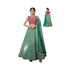 Embroidered fuchsia pink embroidered crop silk cotton blend top (Size 40) 1 inch margin /Sleeve attached / flowing green printed skirt adjustable waist (Length:43) and teal dupatta with a contrast border. Lehenga Set with Dupatta (Pink & Green) #Z-104