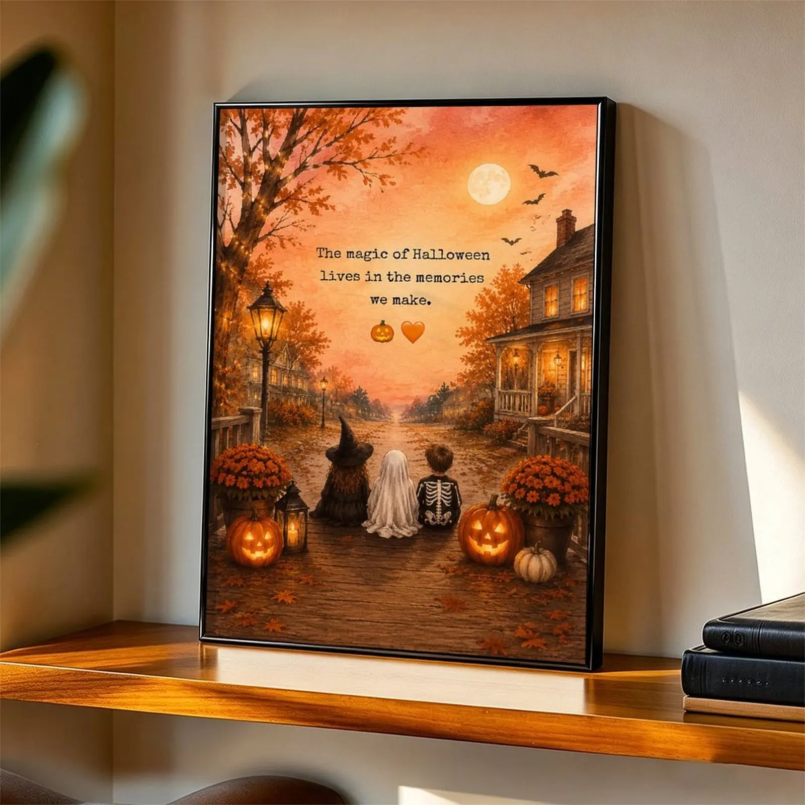 Halloween Canvas Wall Art - Watercolor Pumpkin Lantern, Cute Kids Trick-Or-Treat, Cozy Autumn Village Prints - Home Decor for Living Room, Bedroom - Halloween Gift
