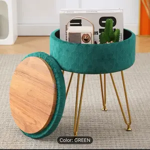 [Velvet Ottoman, Goldtone Legs] Modern Velvet Storage Ottoman with Teal Velvet Cushion | Round Upholstered Footrest Stool, Wooden Base & Golden Legs for Living Room, Bedroom, or Entryway - Decorative & Stylish Storage