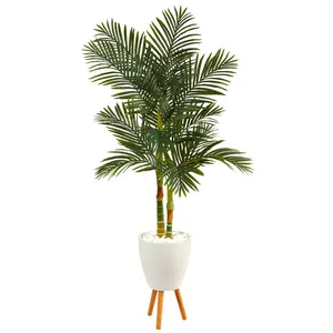 70” Golden Cane Artificial Palm Tree in White Planter with Stand