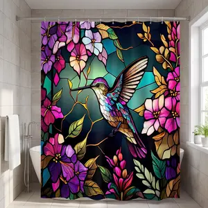 Floral Bird Bathroom Shower Curtain Colorful Stained Glass Flower Hummingbird Butterfly Shower Curtains Watercolor Plant Leaf Waterproof Fabric Bath Curtain Decor 72x72 inch