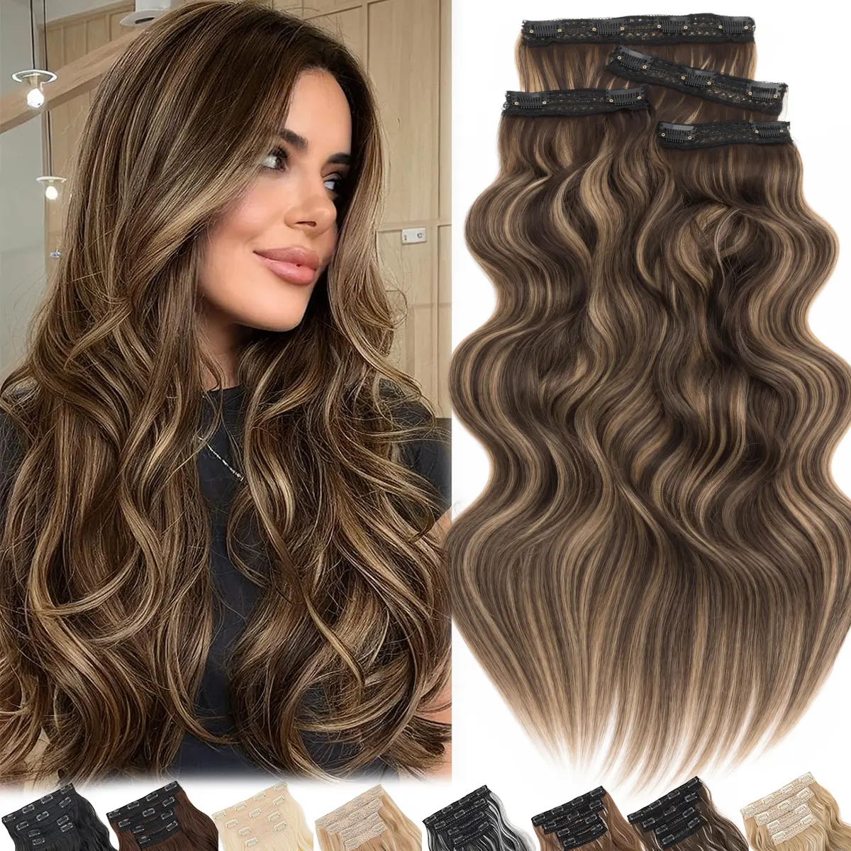 Beach Waves Clip in Lace Hair Extensions for Women, 20/24 Inch Synthetic Hair, 4-Piece Double Weft Full Head Set with Invisible Clips for a Natural Look, Party Wear, Body Wave, Clip Hair Extensions