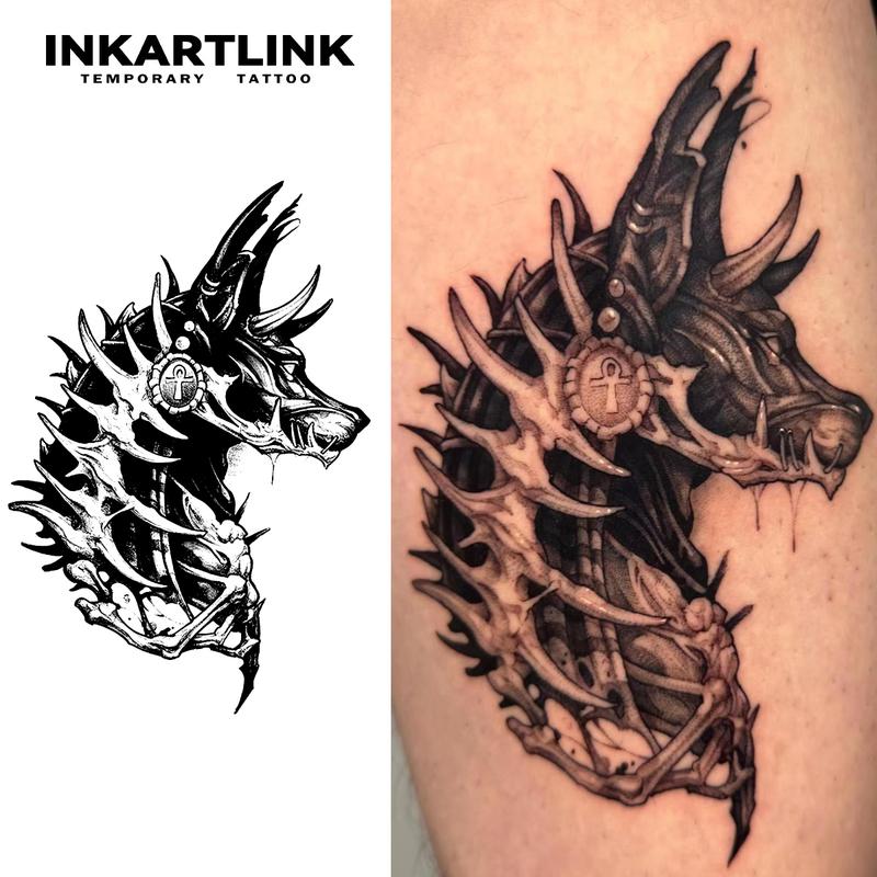 INKARTLINK Tattoo Tech, Dog Series,2 Sheets Medium Semi Permanent Tattoo, Adult Art Design Temporary Tattoos, Lasts 1-2 Weeks, Waterproof, Realistic Look, No Adhesive, No Reflection (Dog Head Design)