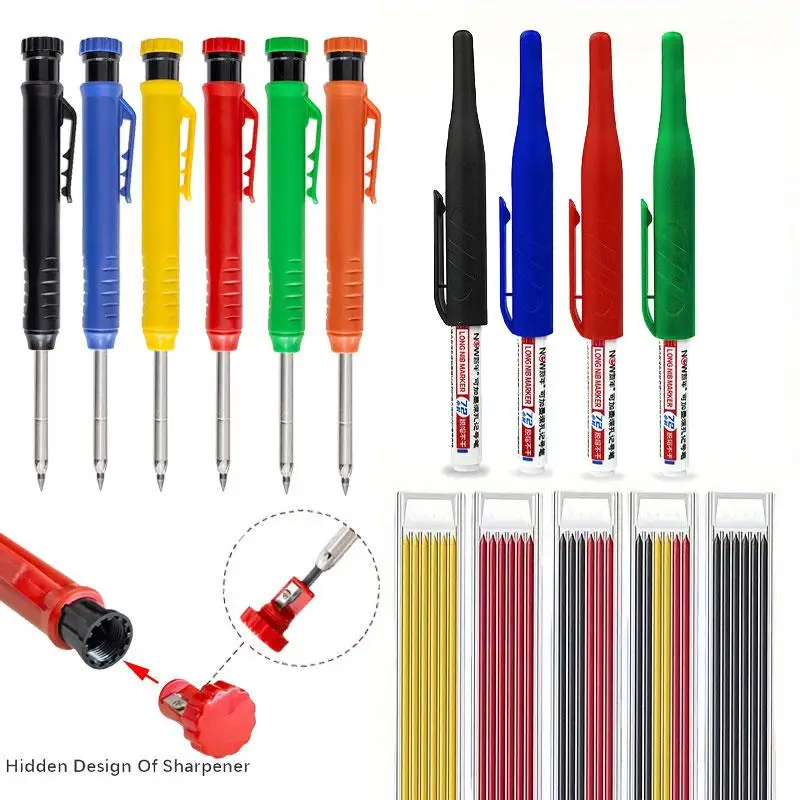Set of 7 Solid Wood Carpenter Pencils ( + 6 Colors), Filled Tip Deep Hole Mechanical Markers, Long Head Tile Marking Pens