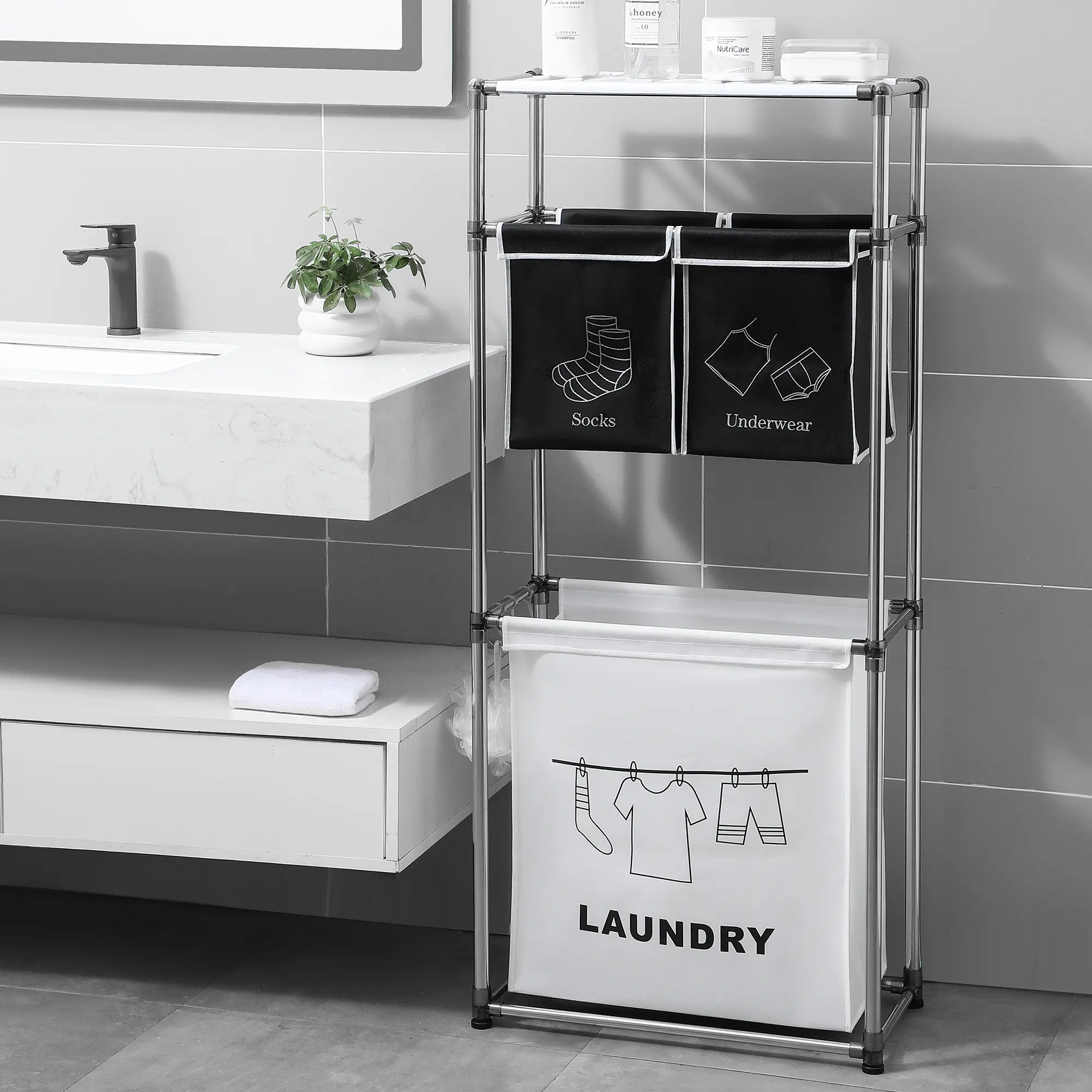 3-Tier Laundry Sorter Hamper with 4 Removable Bags, 3 Hooks for Organizing Lights, Darks and Clothes (Home Improvement Laundry Organization Rack)