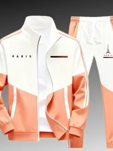 Men's casual stand up collar jacket and pants set, 2-piece letter printed business outdoor sports jacket+drawstring casual pants for daily casual wear, fitness and sports set