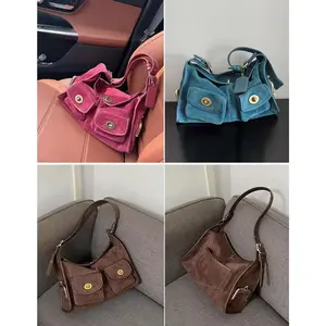 Vintage Gold-Plated Lock Multi-Pocket Single Shoulder Pillow Bag Retro Artistic Casual Wide Shoulder Strap Large haversack haversack Bag Blue crossbody  bag