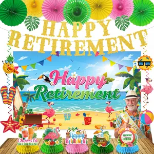 23Pcs Luau Hawaiian Retirement Party Decorations - Banner, Backdrop, Honeycomb Centerpieces, Swirls & Fans