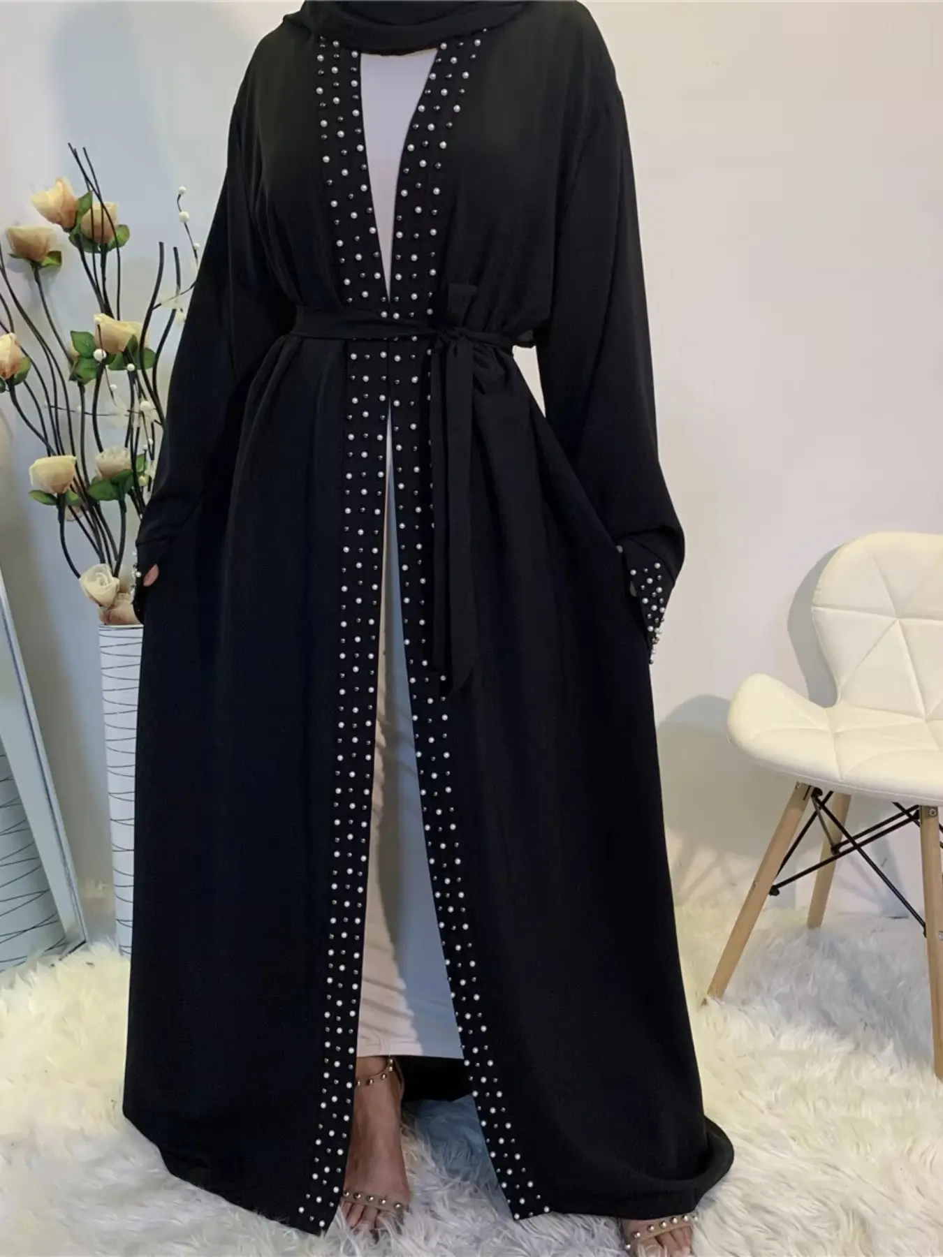 Pure Color Robe Beaded Accessories, Luxurious Pearl Embellished Cuffs, Dubai Style, Elegant Long Gown Jewelry, Women's Fashion