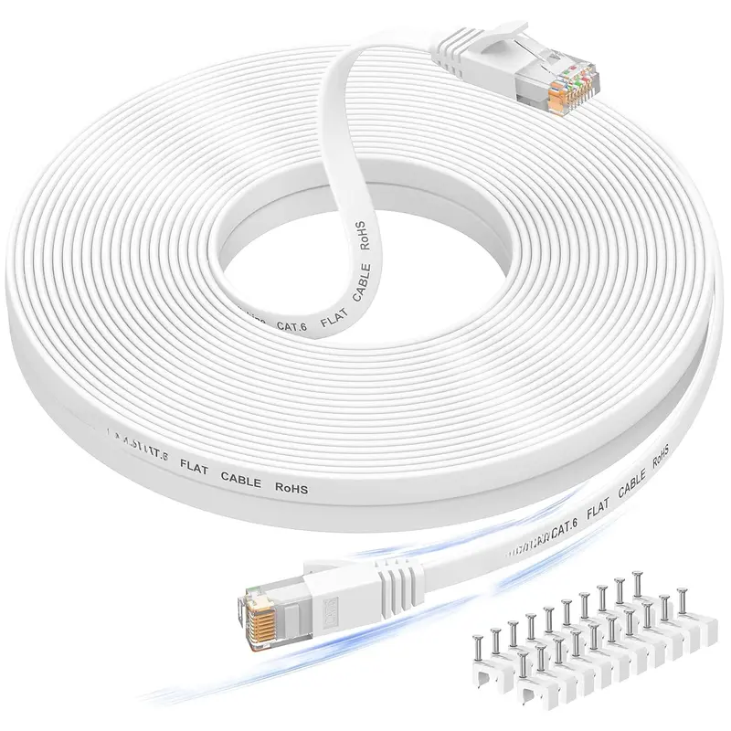 Cat6e Ethernet  100 ft High Speed Flat White Shielded LAN Patch Cord with Snagless RJ45 Connectors for Modem & Network Devices