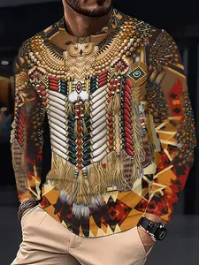 Men's Indian Totem Long Sleeve T-Shirt, Casual Round Neck Fitted Polyester Fabric, All Seasons Comfort, Trendy Printed Tee, Casual Clothes