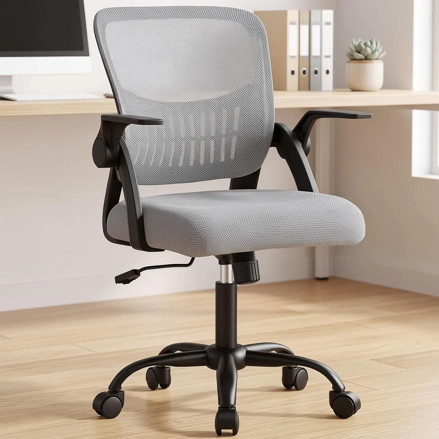 Home Office Desk Chair, Ergonomic Mesh Computer Chair with Lumbar Support & Rocking Function, Height Adjustable Flip-Up Armrest, 360° Swivel Office Chair for Adult Conference Meeting Room