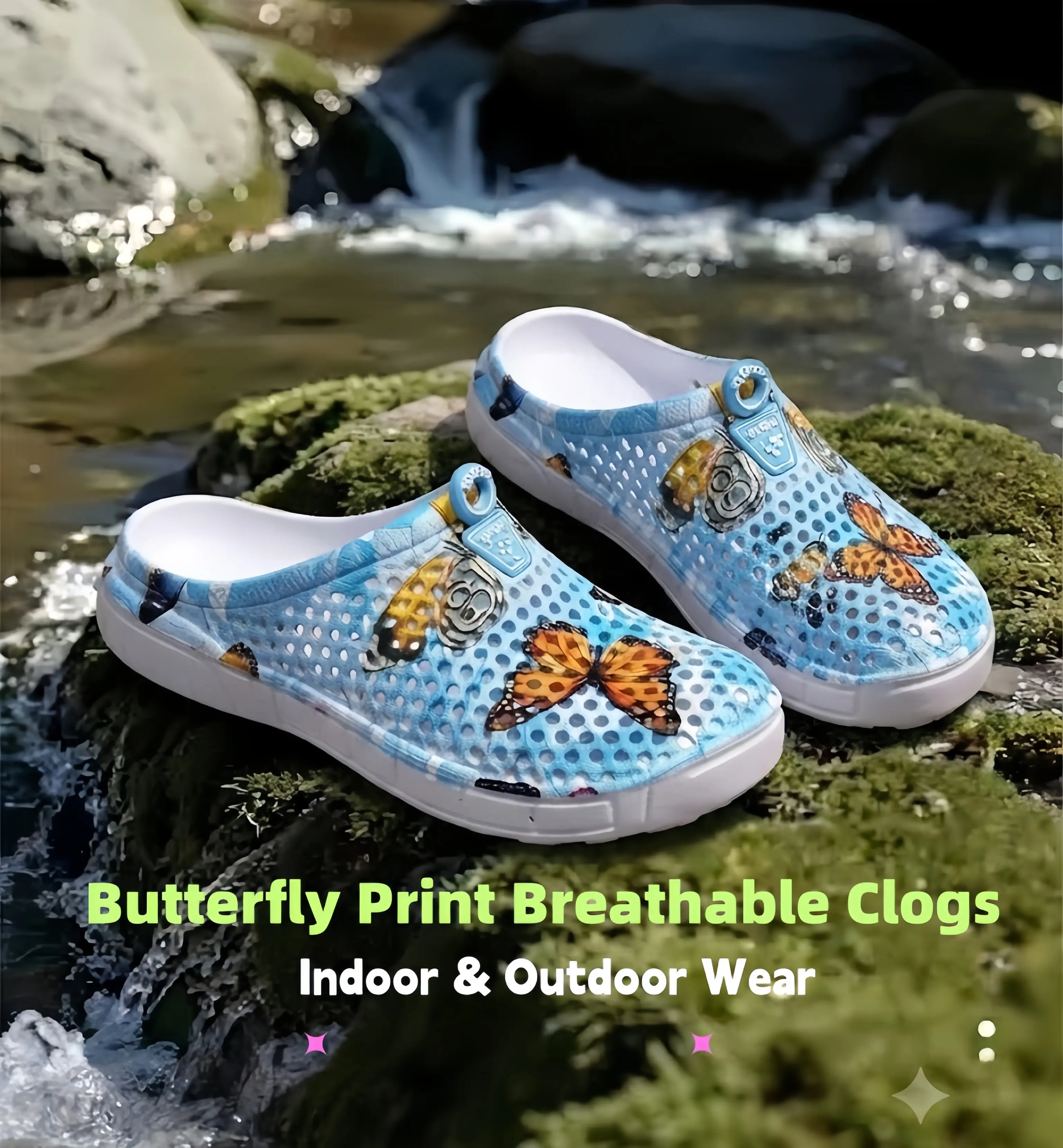 Women's Butterfly Print Backless Mule Clogs, Lightweight Breathable Hollow Hole Shoes, Slip On EVA Comfort Garden Slippers For Beach Outdoor