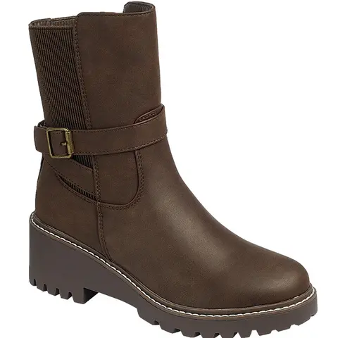 Rocket - Women's Moto Ankle Boots with Buckle Strap, Chunky Lug Sole, Elastic Side Panel & Round Toe, Casual Platform Booties for Fall & Winter Everyday Fashion