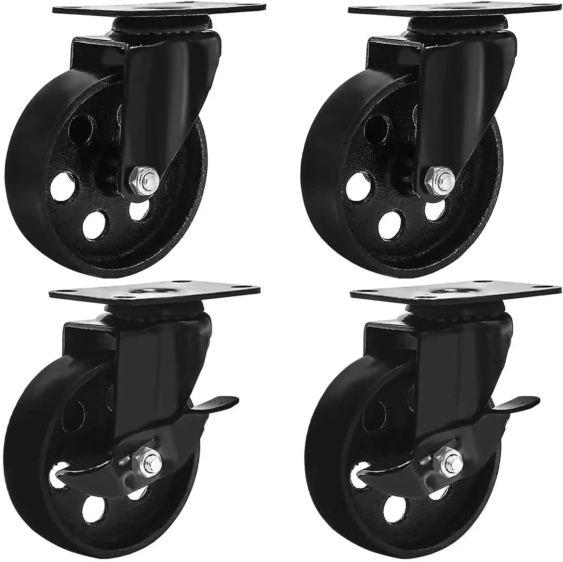4  Black Metal Swivel Plate Caster Wheels w/ Lock Heavy Duty High-gauge Steel (4" Combo)