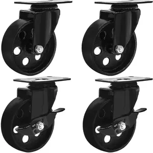 4  Black Metal Swivel Plate Caster Wheels w/ Lock Heavy Duty High-gauge Steel (4" Combo)