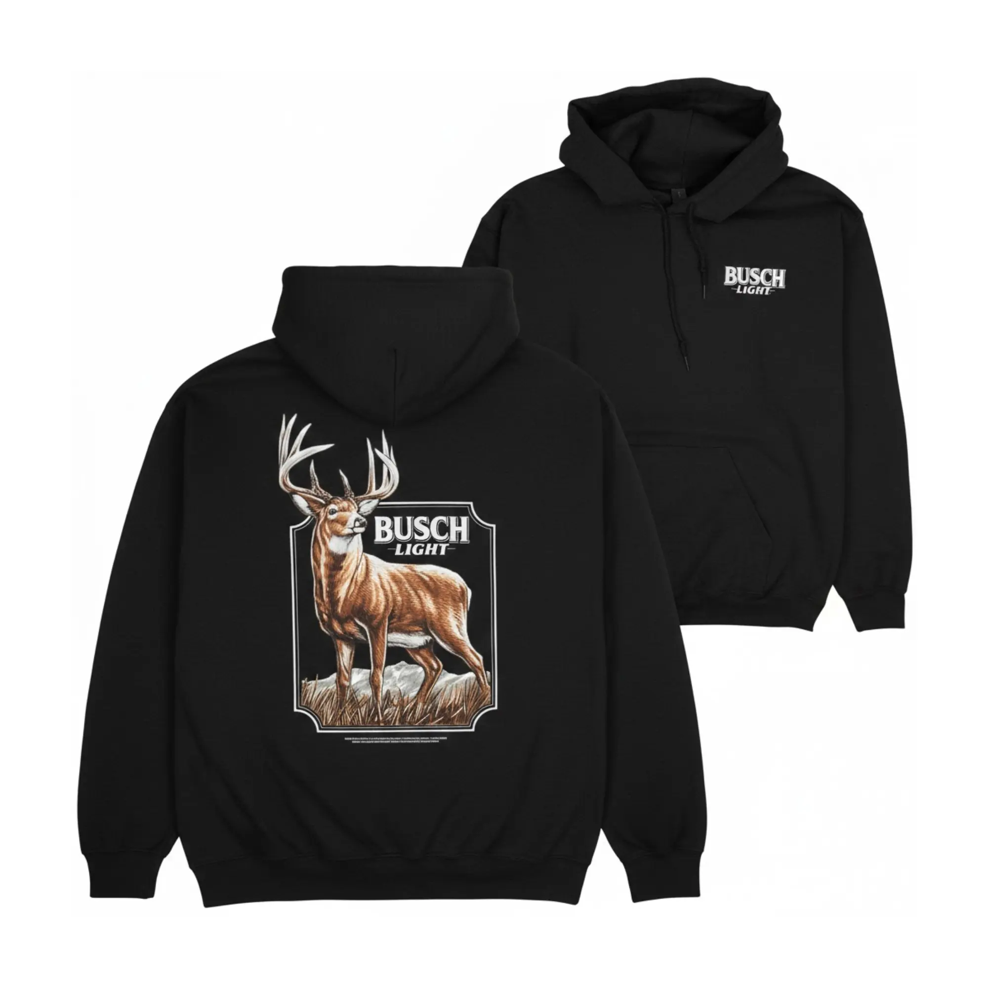 Bu$ch Light Hunting Hoodie Unisex – Double-Sided Buck Design, Beer Lover Apparel for Hunters & Outdoor Fans