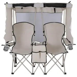 Folding Camping Two-Person Seat with Shade Canopy Portable Double Camping Chair with Cup Holder Cooler Bag UV Protection for Beach Fishing Camp Sports Event