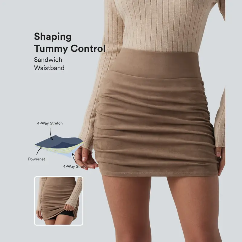 Halara High Waisted Tummy Control Ruched Curved Hem Bodycon 2-in-1 Suede Mini Skirt
