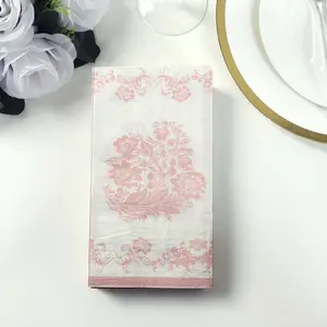50-Pack Paper Dinner Napkins 2-Ply White with Pink Damask Floral Pattern - Soft and Absorbent Disposable Napkins