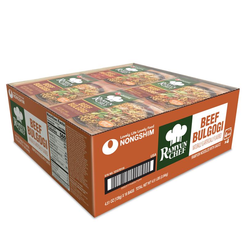 Nongshim Ramyun Chef Korean Beef Bulgogi Instant Stir Fry Ramyun Noodle Food 16 Pack 4x4 Sweet Savory Soy Sauce Base with Bok Choy & Carrot Flakes