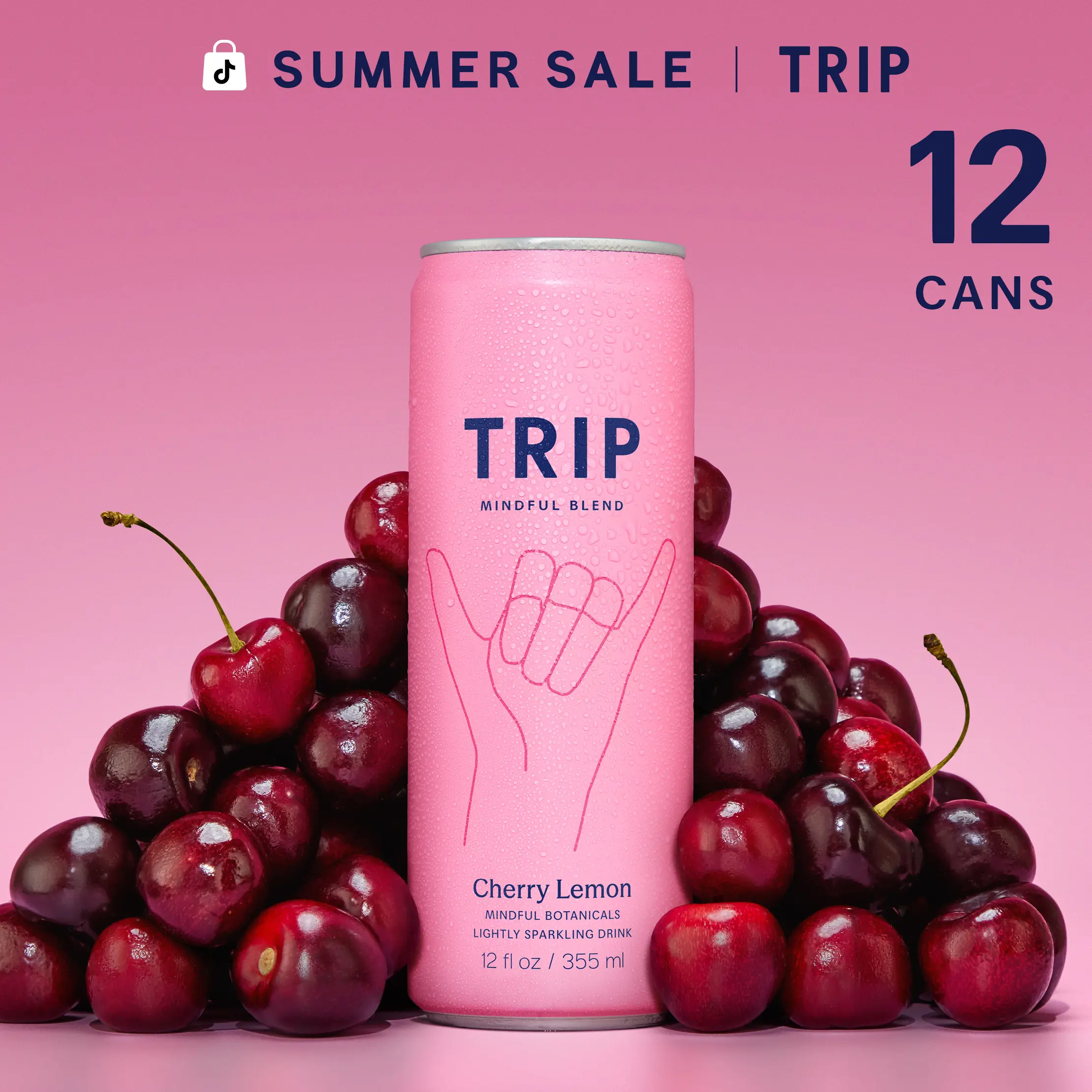 TRIP Cherry Lemon Sparkling Magnesium Drink — 120mg Magnesium, Lion's Mane, Chamomile & Lemon Balm, Non-Alcoholic, No Added Sugar, Vegan (12-Pack, 12oz)