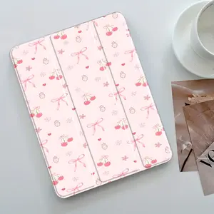 Pink Cherry & Bow Pattern Design iPad Case, Transparent Acrylic Stand Cover, Pencil Holder & Charger Slot, Fits iPad Pro/air/mini, Perfect Gift Shock-resistant Full Cover Protective Case Suitable for Offices Schools and Homes, Tablet Cover, Tablet Casing