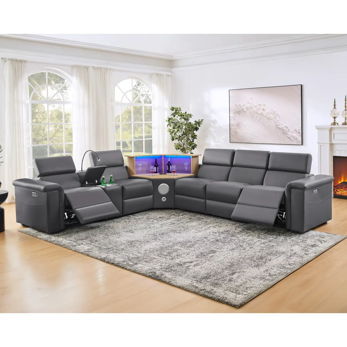 Aobtkel 130 In 5-Seater L-Shaped Power Reclining Sectional Sofa - Breathable PU Leather Couch with Motor Lift, Wine Cabinet, Bluetooth HiFi Speakers, Subwoofer, Wireless Charging, Color LED Lights for Living Room (Dark Gray)