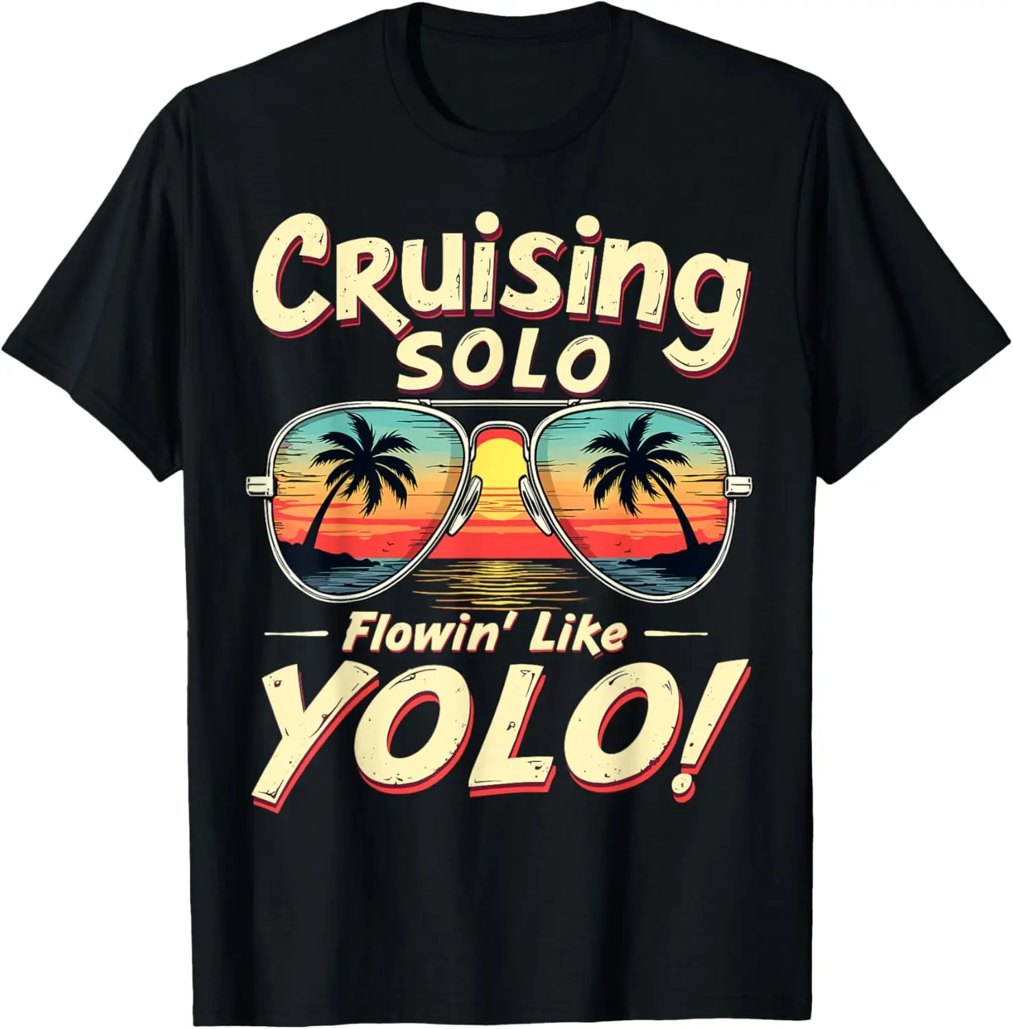 Women's 100% Cotton Short-Sleeve Round Neck Vintage Casual Distressed Graphic T-Shirt - Cruising Solo Flowin' Like YOLO Singles Cruise Sunglasses Print, Plus-Size Streetwear Top, Shortsleeve