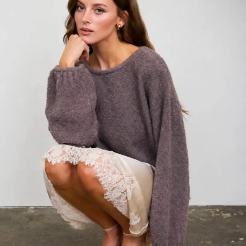 Long Sleeve Fuzzy Knit Sweater, Soft Warm Pullover for Casual Daily Wear