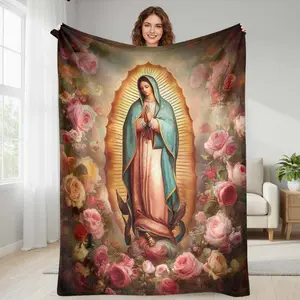 Virgin Mary flannel blanket floral rose print soft warm lightweight breathable cozy home decor church prayer room religious gift spiritual retreat