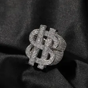 Men's Hip Hop Style Cut-Out Dollar Sign Artificial Gemstone Ring - Full Zircon, Hipster Design Jewelry Accessory