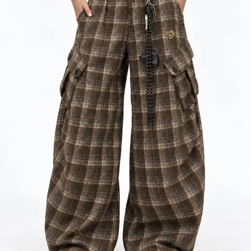 Aelfric Eden Men's High-Waist Baggy Oversize Plaid Cargo Pants - Classic Vintage Check, Balloon Barrel Silhouette, Utility Pockets, Detachable Heart Embroidery Charm, Drawstring, Button Closure, Retro Fall-Winter Streetwear Casual Bottoms