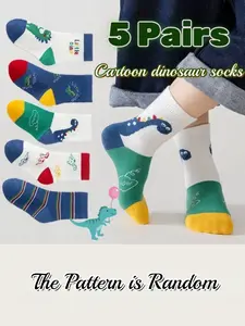 Kids' Cute Cartoon Dinosaur Socks, 5 Pairs Mid-Calf Socks, All-Season Wear, Stylish & Comfortable Design