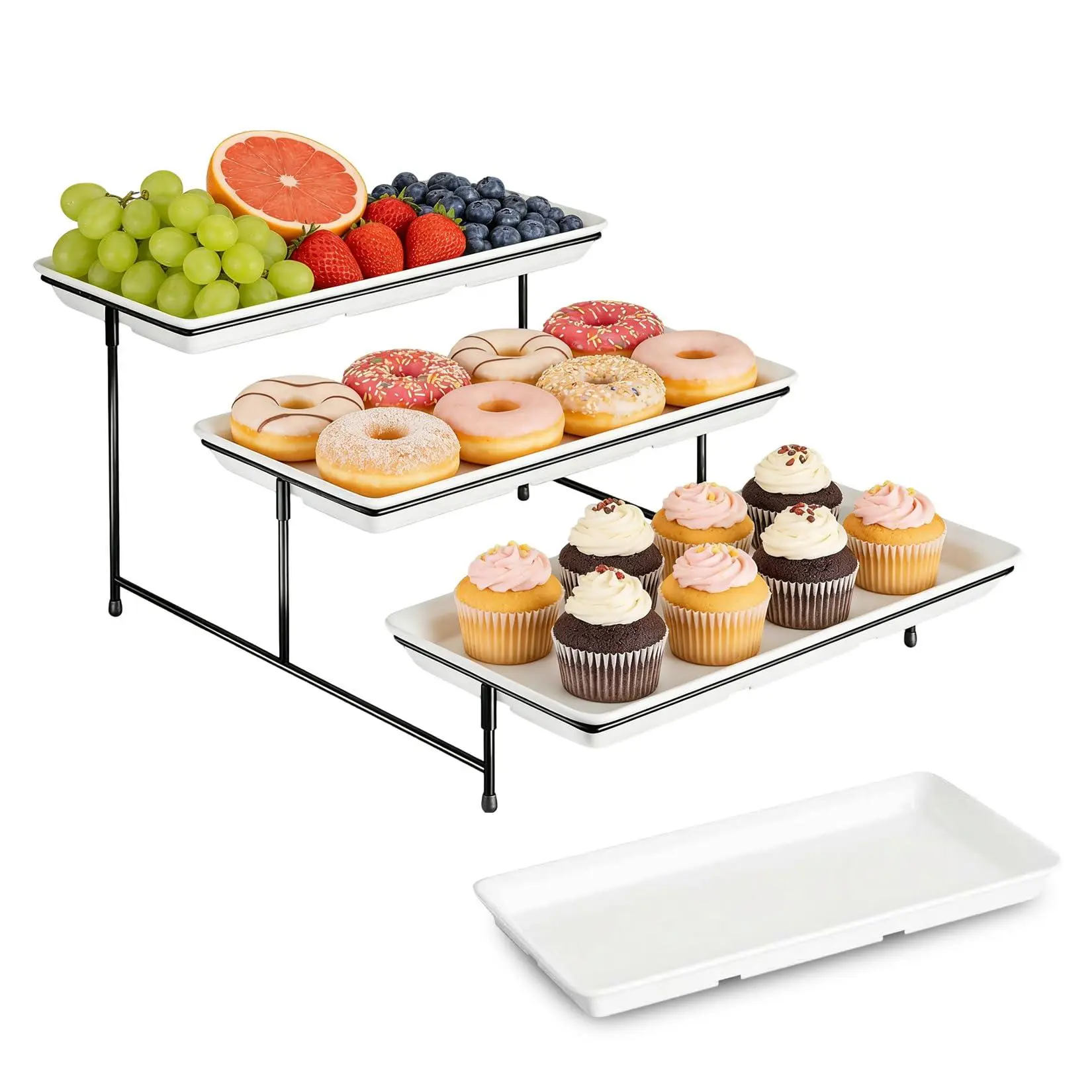 GARVEE 4-Tier White Melamine Dessert Cake Stand - 14"x7" Smooth Lightweight Snack Display Rack, Black Foldable Metal Base, Detachable, Space-Saving, Easy to Assemble & Clean, Food-Safe for Party, Wedding