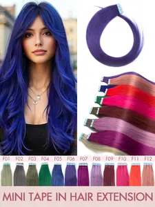 10-Piece Real Hair Extensions, Straight Blue Color, Mini Invisible Silk Smooth Texture, Seamless Leather Weave, Easy Wear for Women