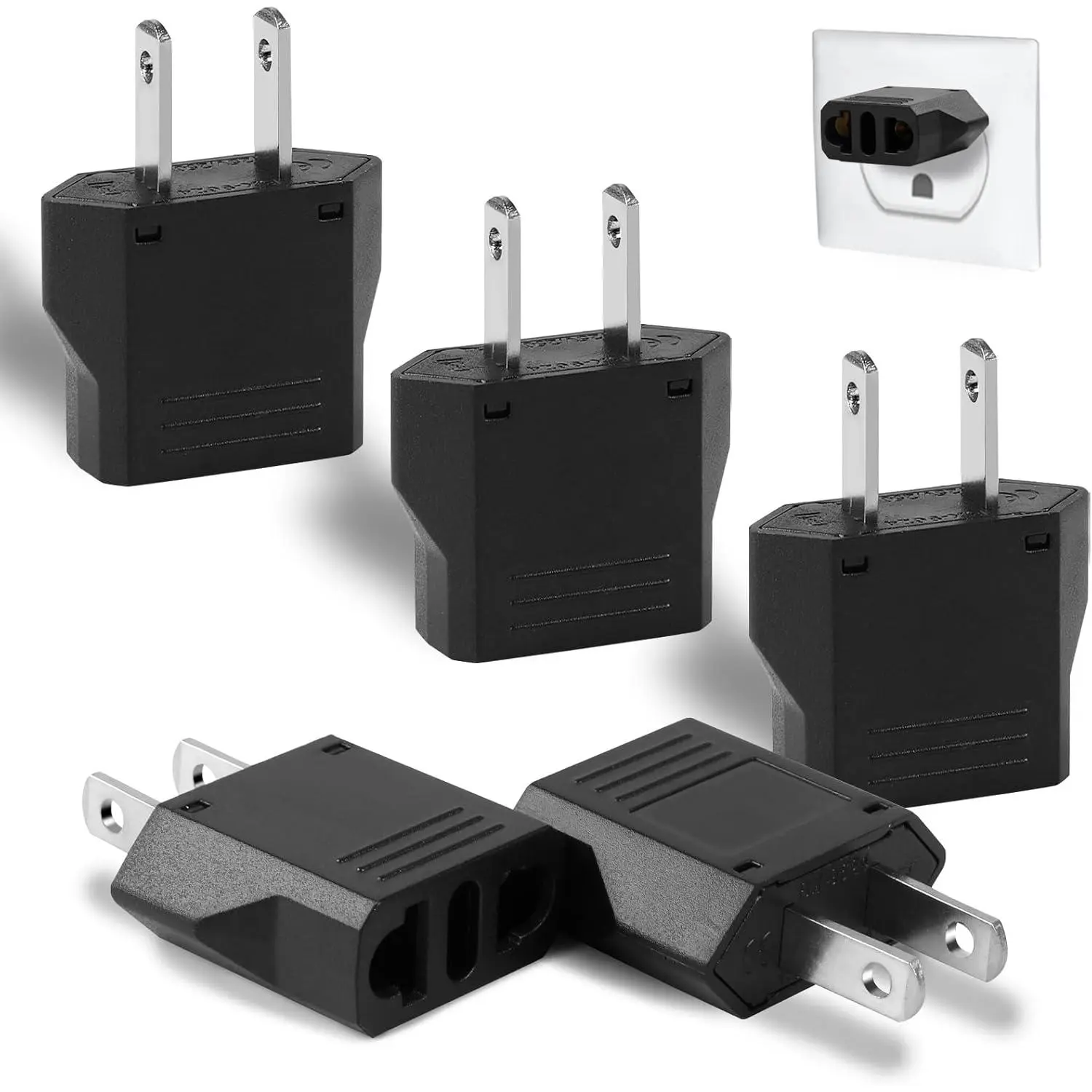 6-Pack Durable European to Power Plug Adapter, Compact Travel Electrical Outlet Converter for Speakers, Laptops (Black)