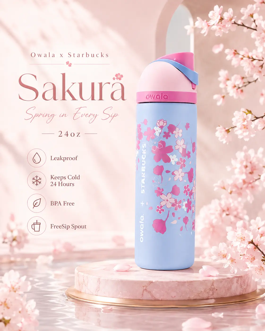Owala x Starbucks Sakura 24oz FreeSip Water Bottle – Spring Cherry Blossom Insulated Stainless Steel Bottle with Straw
