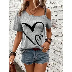 Heart Print One Shoulder T-shirt - Elegant Short Sleeve Top For Spring & Summer - Women's Clothing - Soft & Breathable Fabric - Perfect for Casual Wear & Date Nights - Ideal Gift for Her