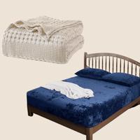Waffle Blanket Oatmeal/Q & Fitted Sheet NavyBlue/K