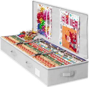 Gift Wrapping Paper Organizer Storage, Durable Underbed Storage Container Fits 24 Rolls, with Removable Dividers and Pockets for Ribbon, Ornaments, Holiday Accessories, Grey