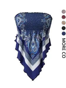 Women's Sleeveless Tube Top, Ethnic Pattern, Asymmetrical Hem, Fitted, Shirred Design, Non-Elastic Polyester Spandex Blend, Perfect for Vacation