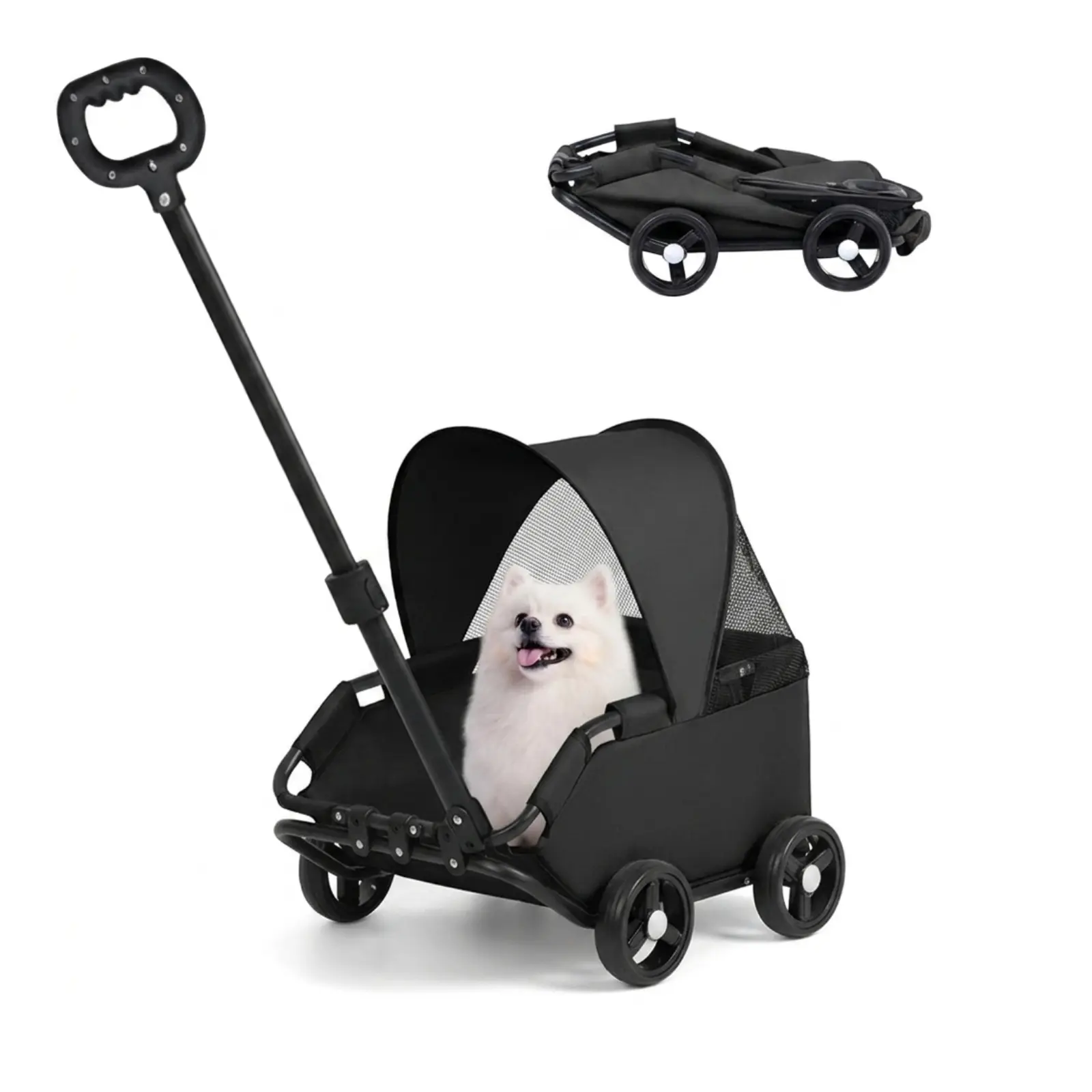 4 Wheels Pet Stroller With Weather Cover For Mini Pets, Foldable Multifunctional Doggie Wagon with Extendable Pull Handle, Built-In Cushion And Safety Rop