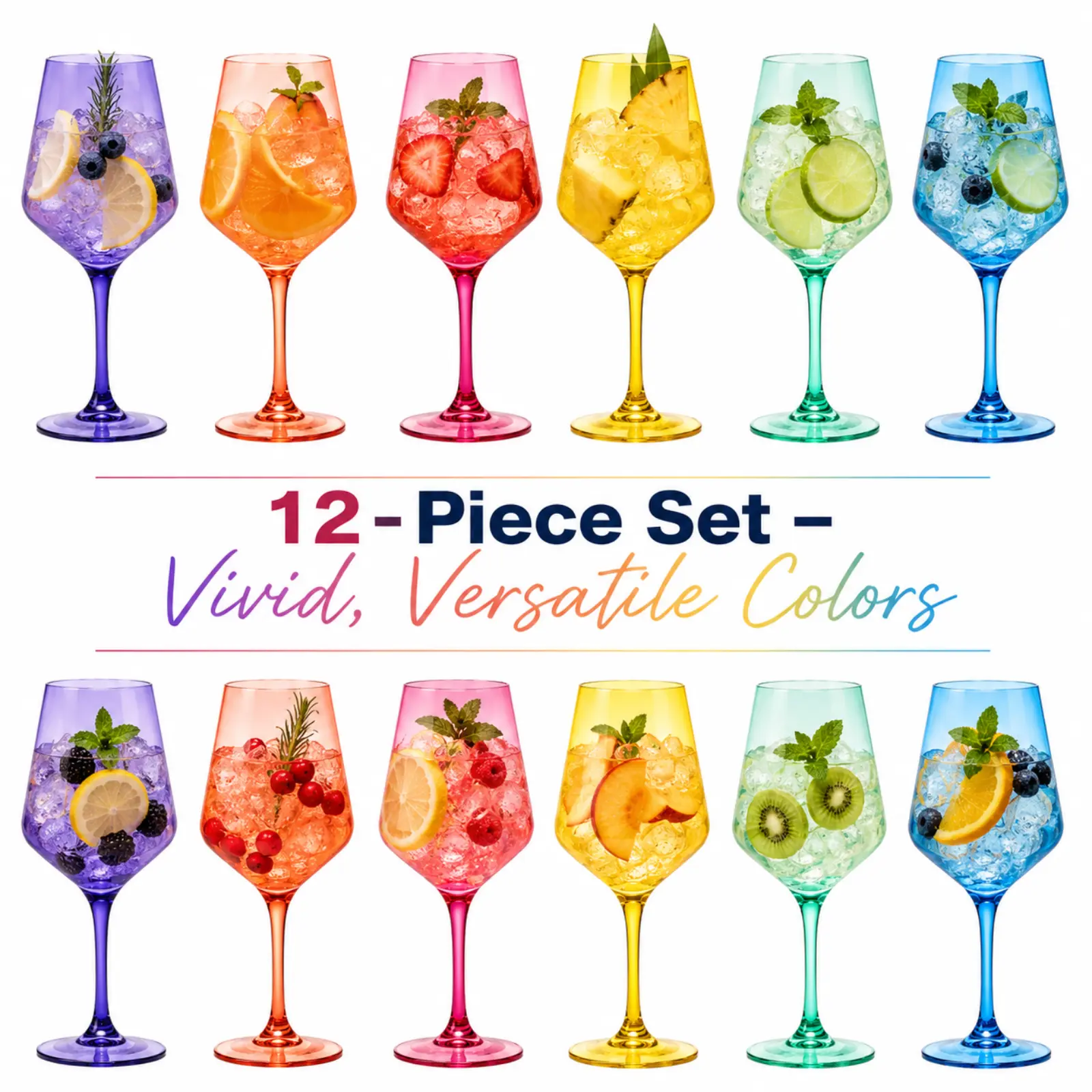 European Style Plastic Crystal Unbreakable Stemmed Wine Glasses | Set of 12 | Acrylic Glasses Tritan Bright Colors Shatterproof BPA-free, Outdoor, Pool, Indoor, Hand Wash 17oz Gift, Everyday & Holiday