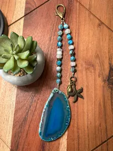 Handmade Bag Charm - Blue Agate Stone with Nautical Theme