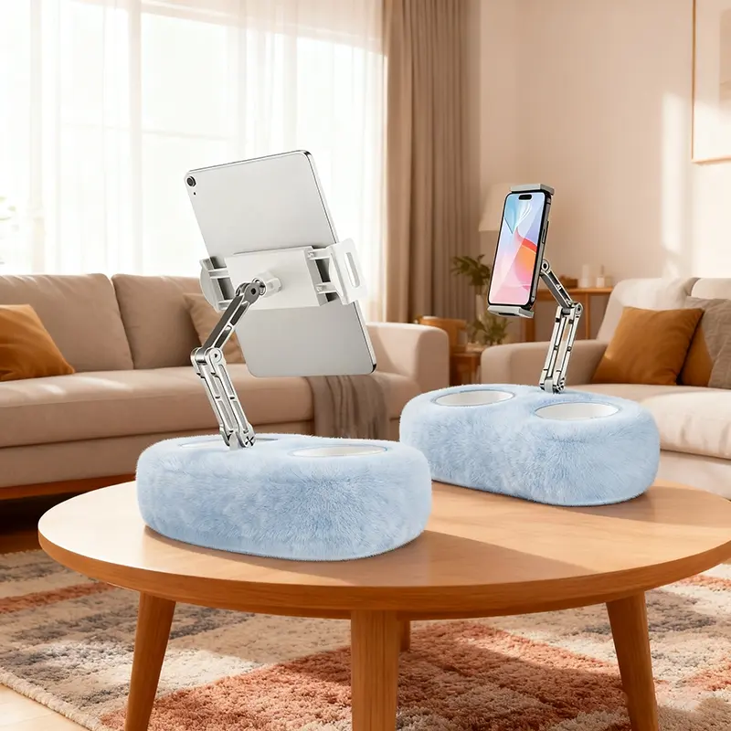Tablet Pillow Stand Holder with 2 Snack Bowls, Tablet Accessories, Compatible with 4.7"-12.9" Kindle, iPad, Phone/Tablet, 360° Rotating Phone Holder for Bed, Soft Plush Fabric, Detachable Bowl, Reading and Relaxation on Bed, Christmas and Halloween Gifts