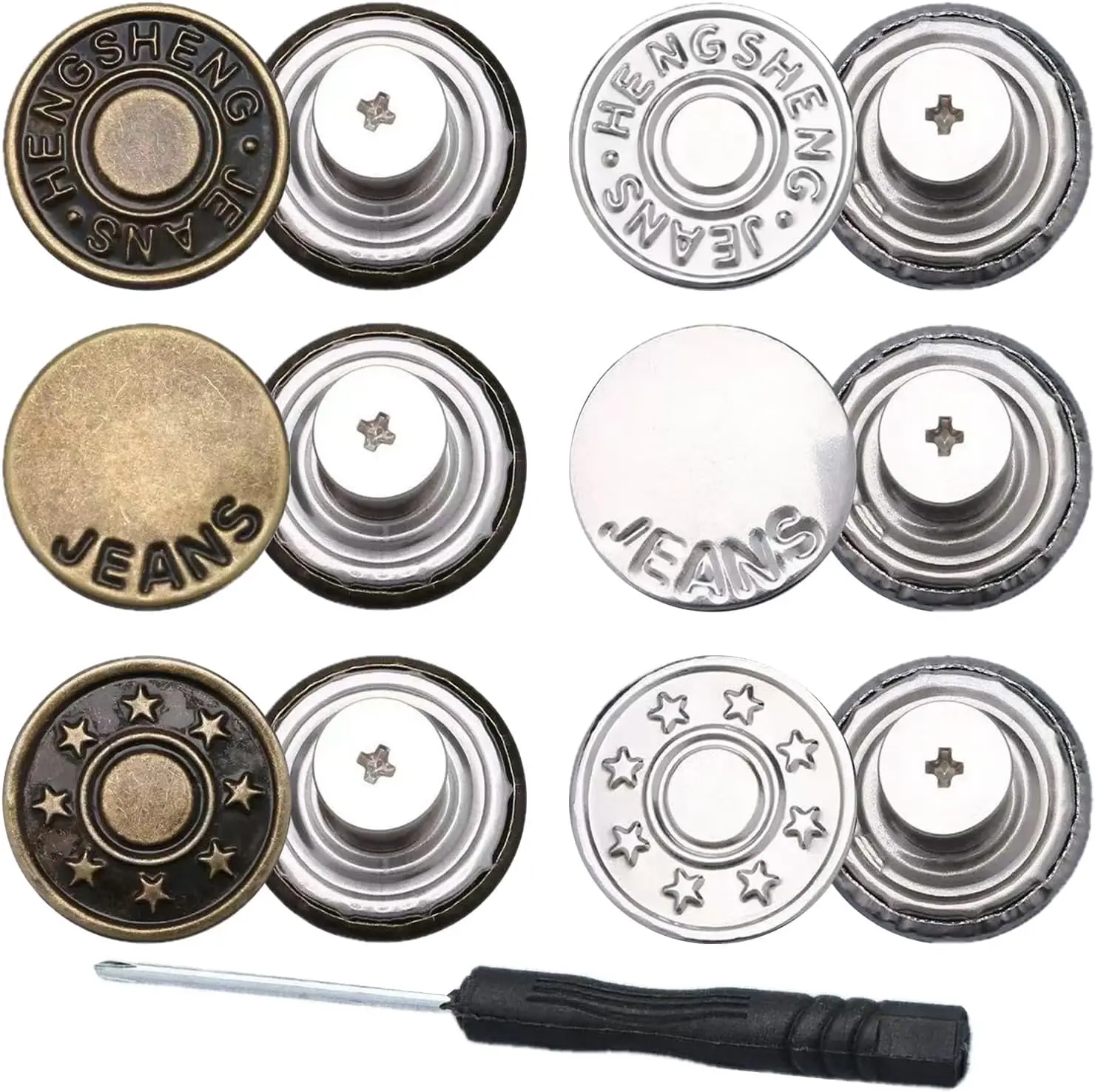 6pcs Buttons pins for Loose Jeans, 17 mm No-Sew Nailess Removable Metal Jeans Buttons Replacement, Adjustable Metal Pants Button Tightener,Repair Combo Thread Rivets and Screwdrivers