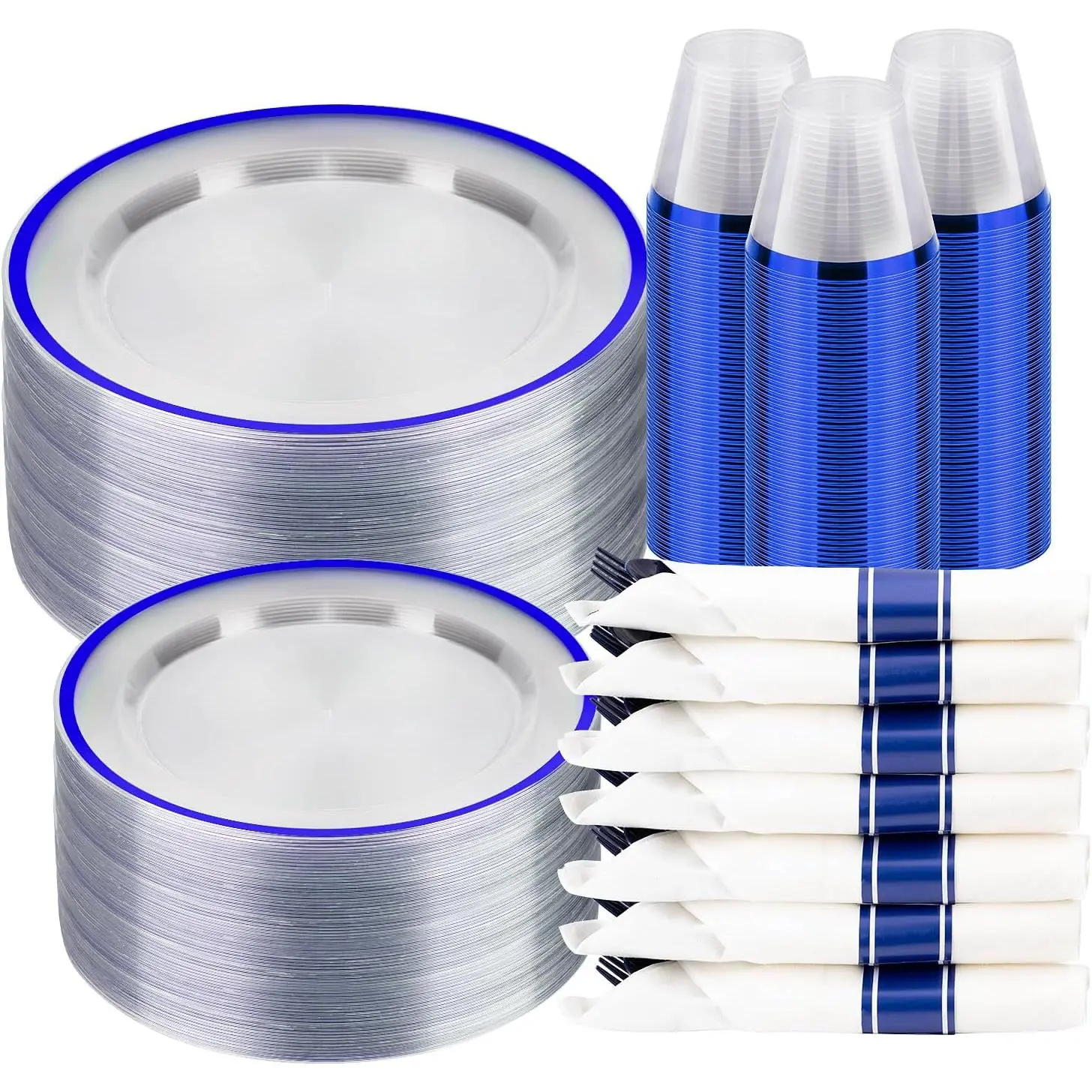 Disposable Dinnerware Set - 350PCS Sturdy Plastic Tableware Kit with Leak-Proof Plates, Cups, Pre-Rolled Napkins, Cutlery for Birthdays, Business Events