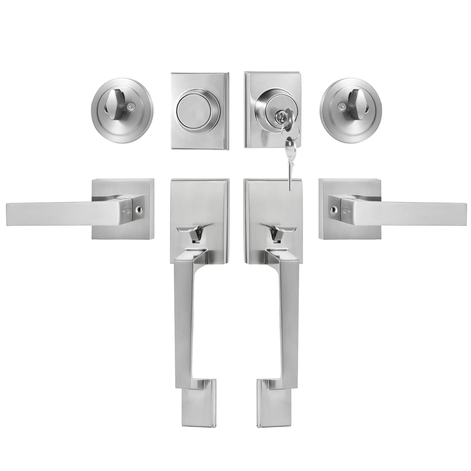 【summerfinds】VEVOR Double Door Handle Set, Double Door Lock Set with Reversible Handle Lever, Satin Nickel Square Door Lever, Heavy Duty Double Front Door Handle Set with Dummy, for Front Door or Office Door